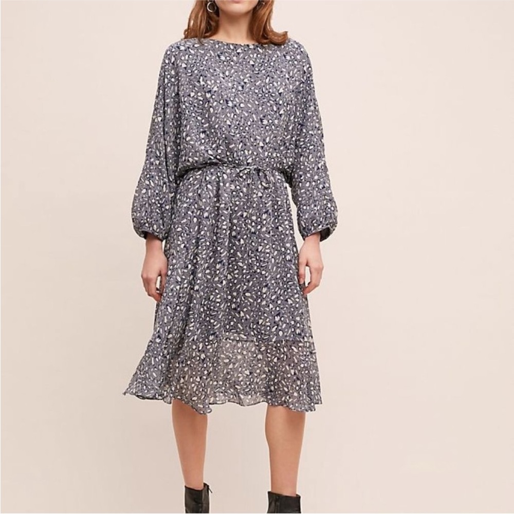 Anthropologie Floral Blue Printed Women's Belted Midi Dress